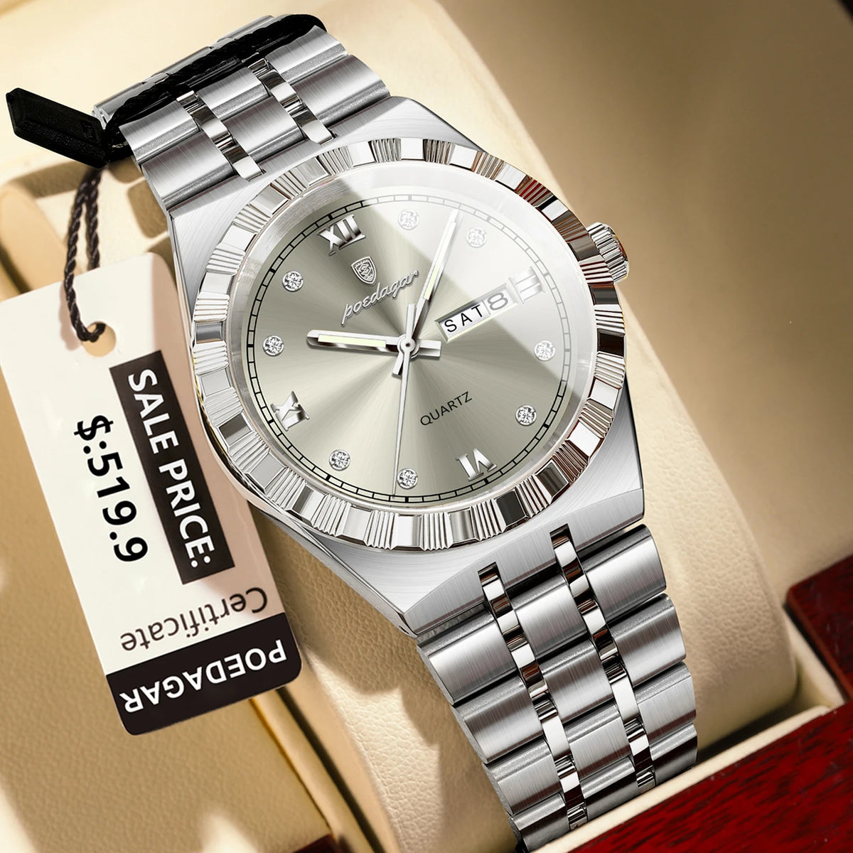 Poedagar 872 Men's Luxury Quartz Watch – Stainless Steel Band, Waterproof, Luminous, Date
