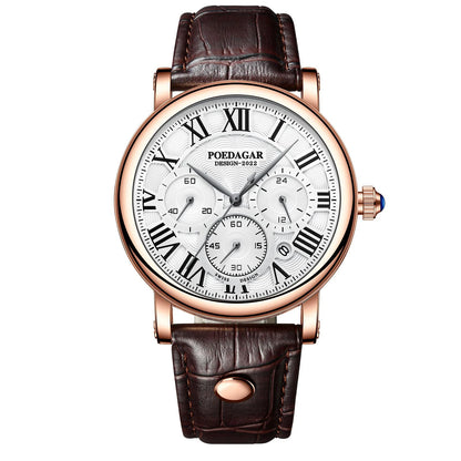 Poedagar 986 Men's Luxury Chronograph Quartz Watch – Leather Strap, Waterproof, Date
