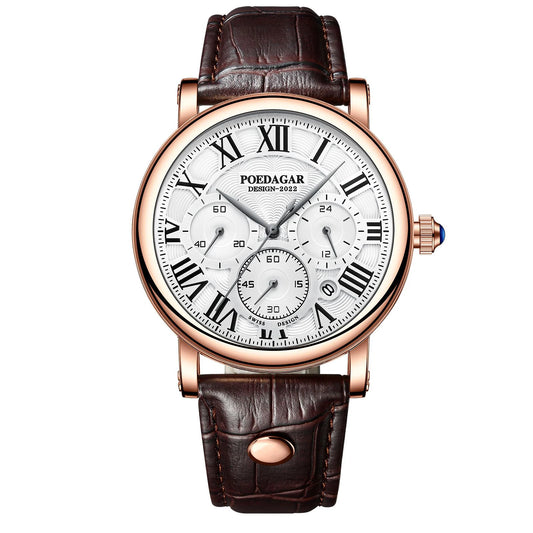 Poedagar 986 Men's Luxury Chronograph Quartz Watch – Leather Strap, Waterproof, Date