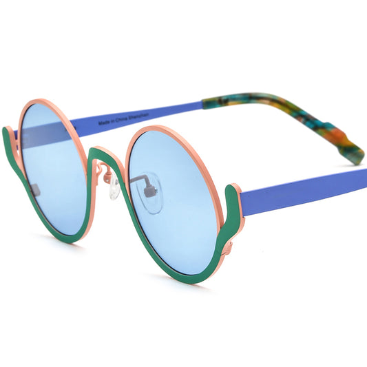 Colourful Titanium Round Polarised Sunglasses - Pink Green Frame Blue Lens - MCROONS