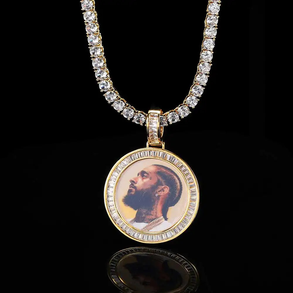 Hip Hop Jewelry CZ Custom Free Rope Chain round Picture Pendant Custom Baguette Diamond Photo Pendants