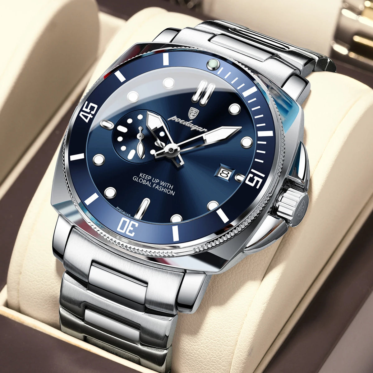 Poedagar 873 Men's Luxury Quartz Watch – Stainless Steel Band, Waterproof, Luminous, Date