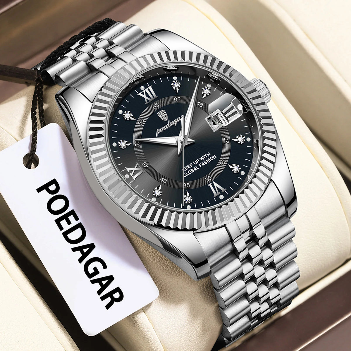 Poedagar 910 Men's Luxury Quartz Watch – Stainless Steel Band, Waterproof, Luminous, Date