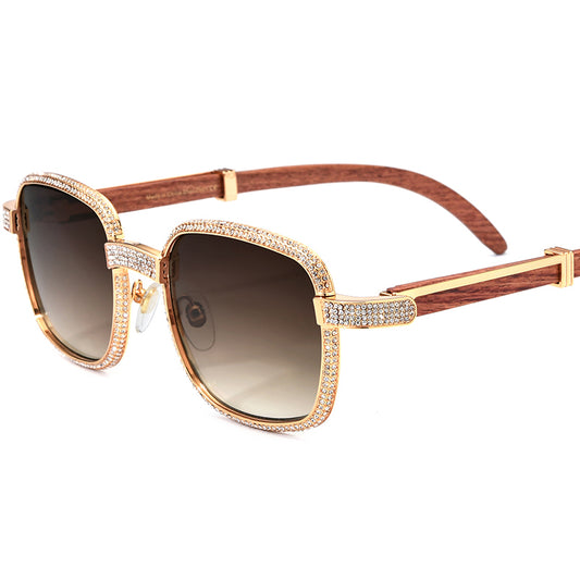 Diamond Full-Rim Square Sunglasses with Wood Temple - Wood - MCROONS