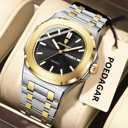 Poedagar 853 Men's Luxury Quartz Watch – Stainless Steel Band, Waterproof, Luminous, Date