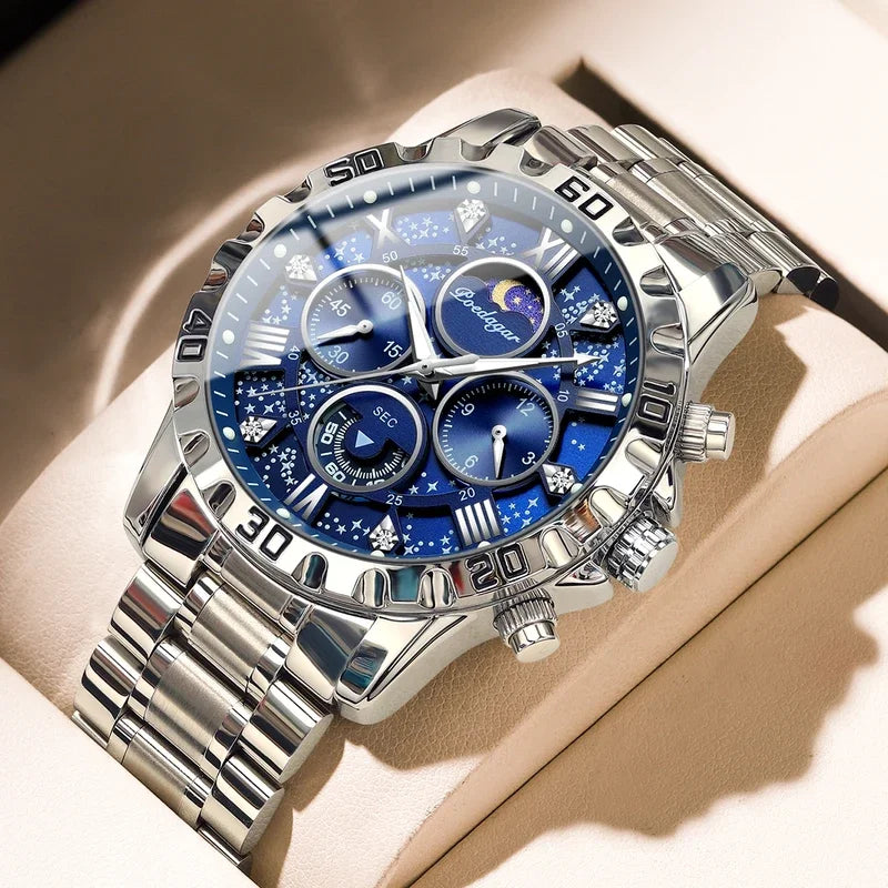 Poedagar 973 Men's Luxury Chronograph Quartz Watch – Stainless Steel Band, Waterproof, Luminous