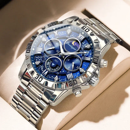 Poedagar 973 Men's Luxury Chronograph Quartz Watch – Stainless Steel Band, Waterproof, Luminous