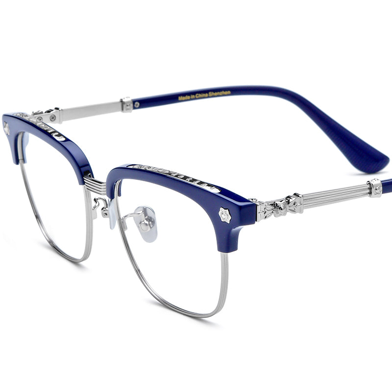 Chrome Acetate Square Optical Glasses Frame - Blue Silver - MCROONS