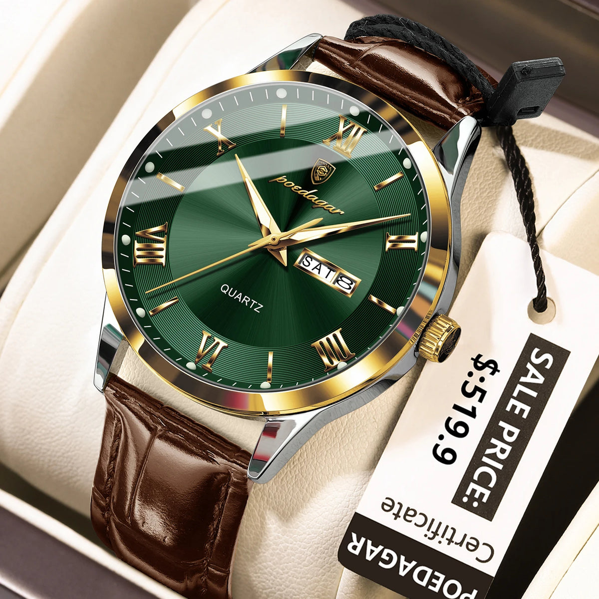 Poedagar 978 Men's Luxury Quartz Watch – Leather Strap, Waterproof, Luminous, Date