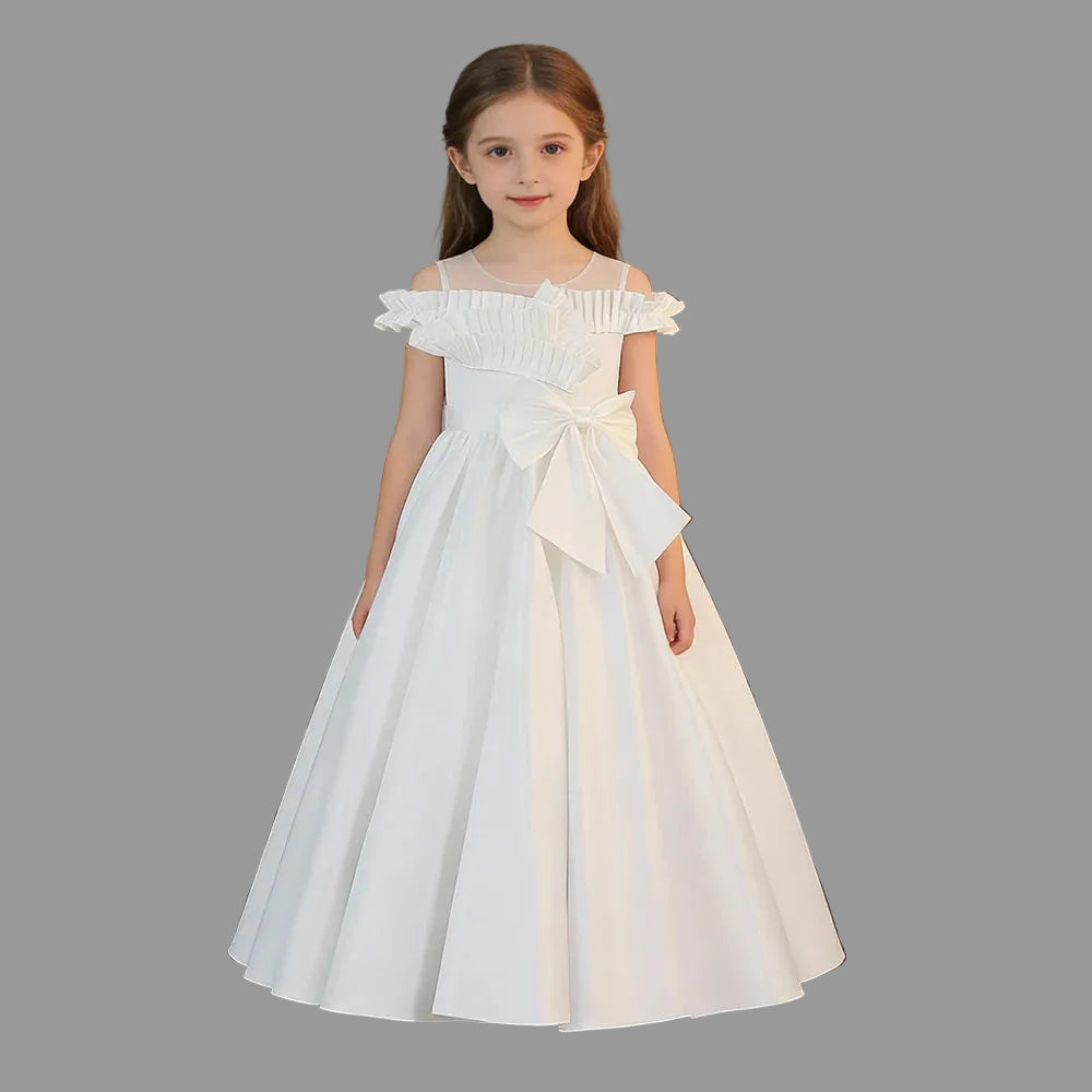 Girls' White Satin O-Neck Princess Flower Girl Knee-Length Dress for Summer Birthday Parties