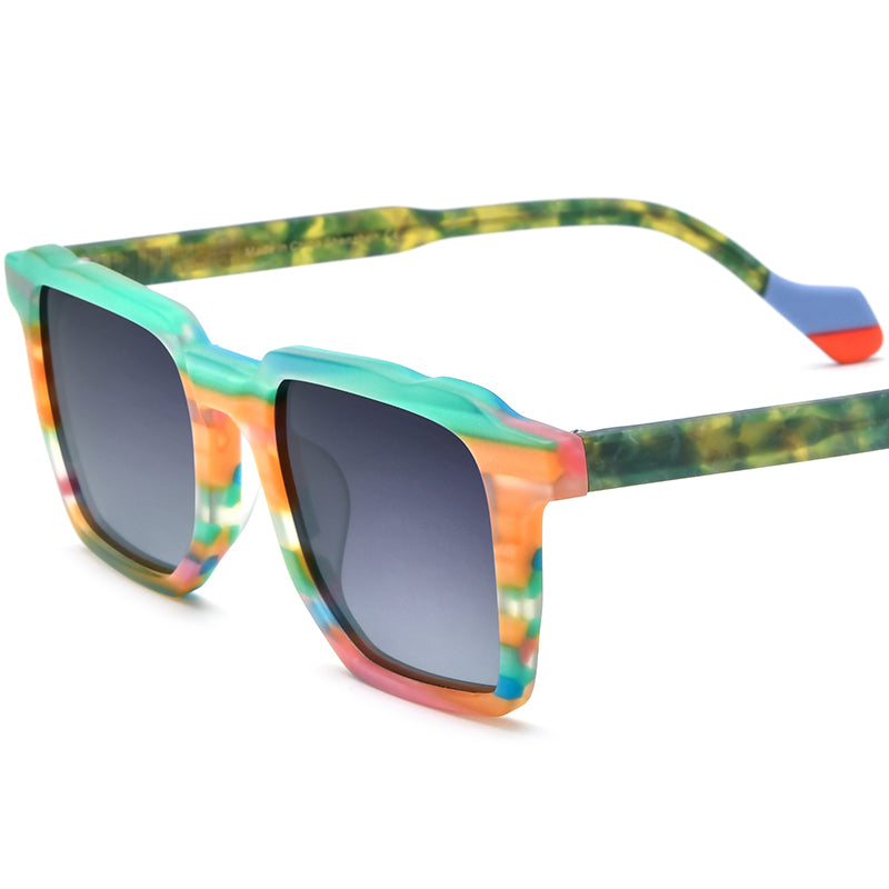 Vintage Multicolour Square Matte Acetate Polarized Mirrored Sunglasses UV400 - Matte Orange Gray Lens - MCROONS
