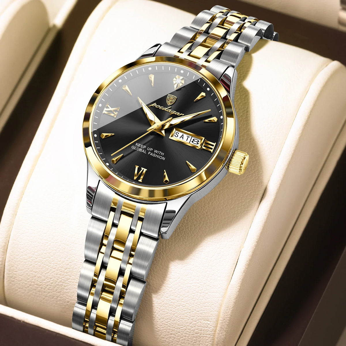 Poedagar 504 Women's Luxury Quartz Watch – Stainless Steel Band, Waterproof, Luminous, Date
