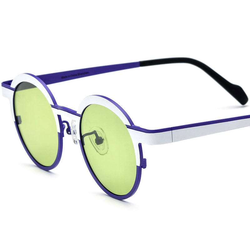 Colourful Titanium Round Polarised Sunglasses - White Purple Green Lens - MCROONS