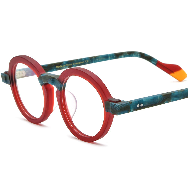 Colourblock Round Acetate Optical Glasses Frame - Matte Red Blue - MCROONS
