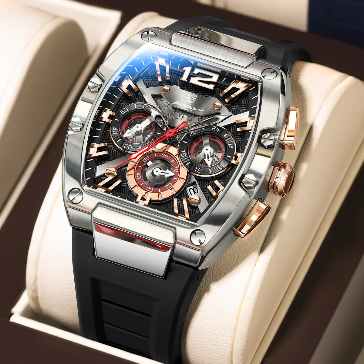 Poedagar 9051 Men's Luxury Chronograph Quartz Watch – Silicone Strap, Waterproof, Luminous, Date