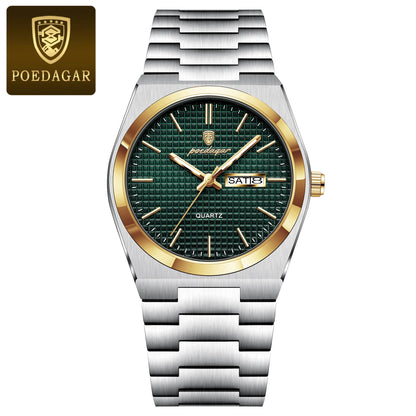 Poedagar 821 Men's Luxury Quartz Watch – Stainless Steel Band, Waterproof, Luminous, Date