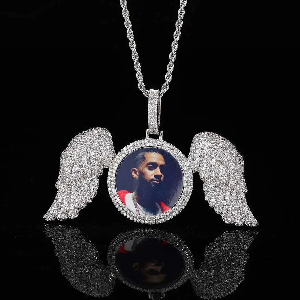 NUOYA Hip Hop Memorial Custom Photo Pendant Gold Photo with Big Angel Wings Pendants Trays Picture Necklaces