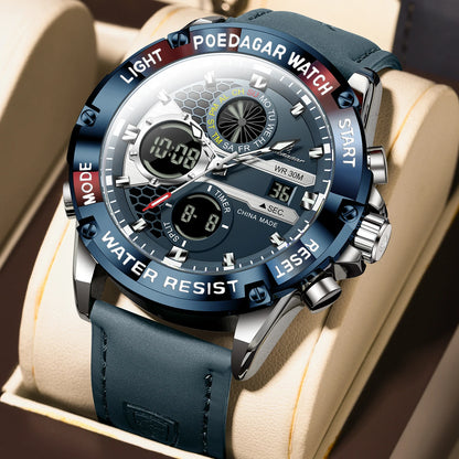 Poedagar E125 Men's Luxury Chronograph Quartz Watch – Genuine Leather Strap, Waterproof, Luminous, Date