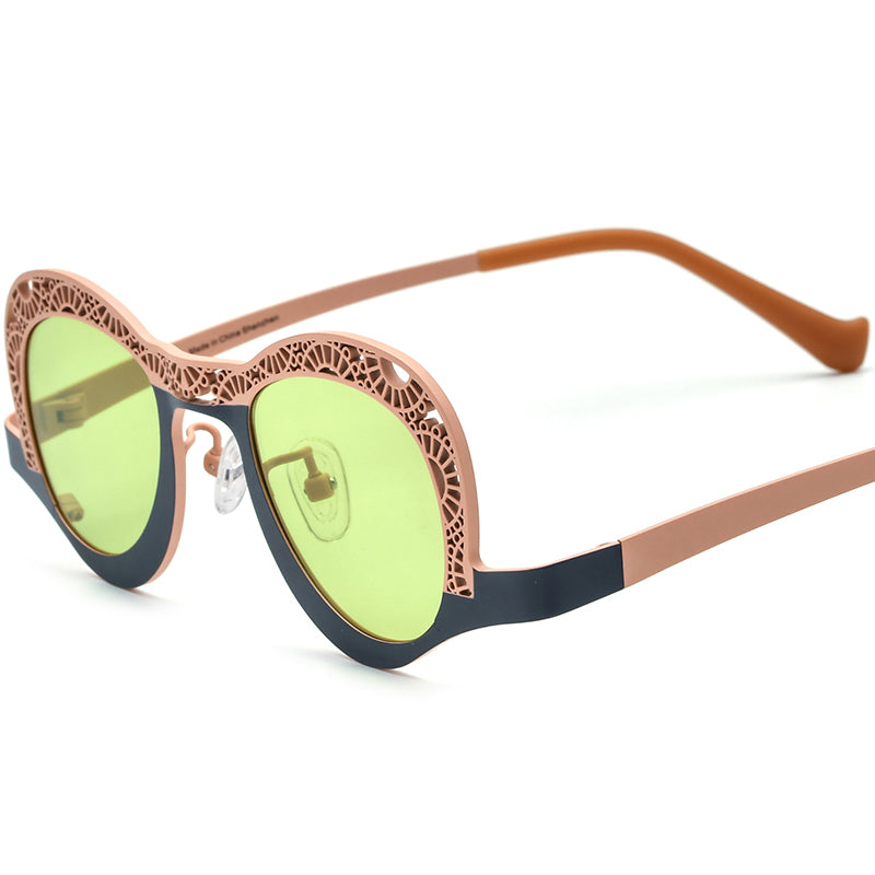 Colourful Titanium Small Cat Eye Polarised Sunglasses - Black Pink Green Lens - MCROONS