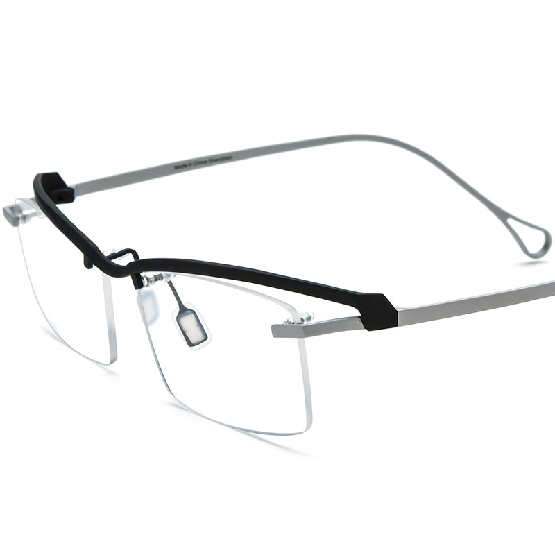 Semi-Rimless Titanium Square Optical Glasses Frame Vintage - Matte Black Silver - MCROONS