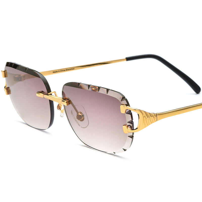 Rimless Diamond-Trim Metal Sunglasses Luxury - Gold Brown Lens - MCROONS