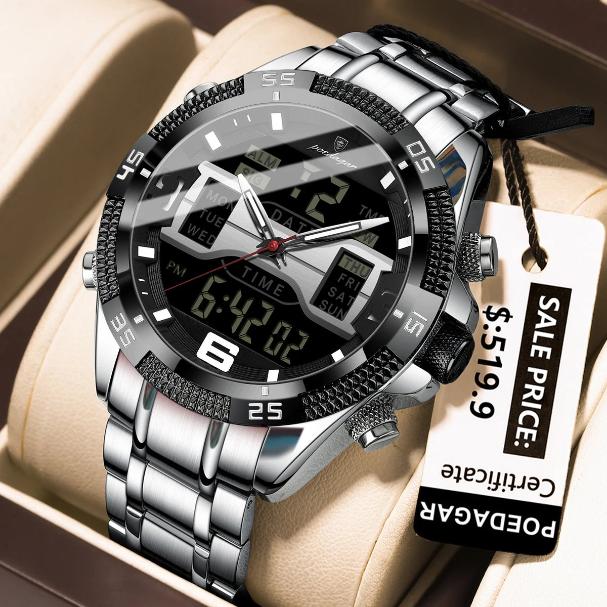 Poedagar E103 Men's Luxury Chronograph Digital Watch – Stainless Steel Band, Waterproof, Luminous, Date