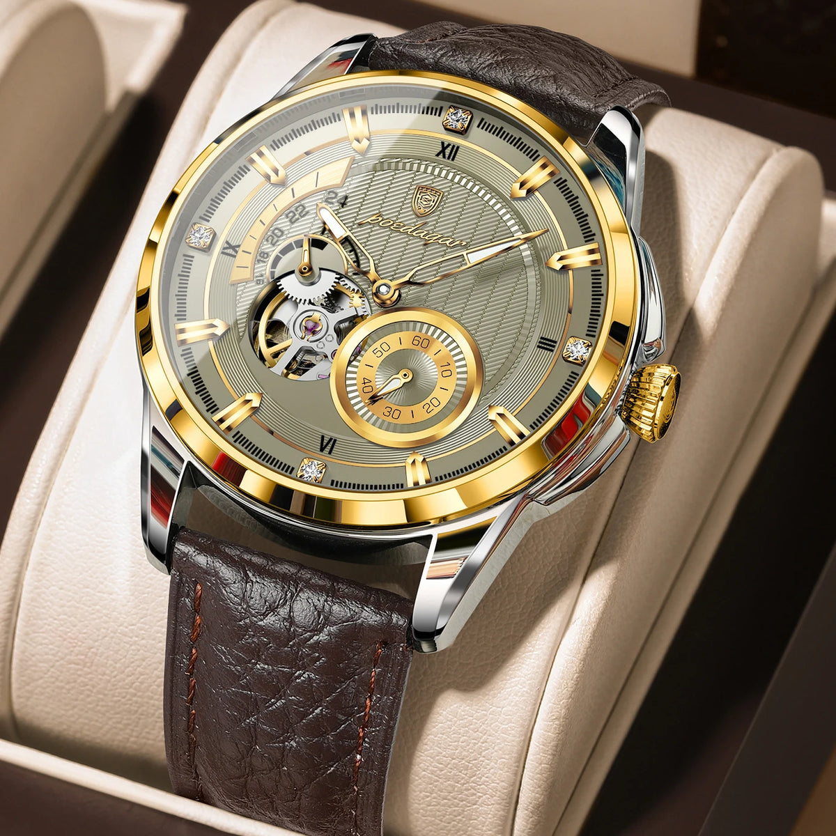 Poedagar 1427 Men's Luxury Automatic Mechanical Watch – Leather Strap, Waterproof, Luminous, Date