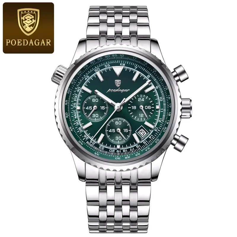 Poedagar 960 Men's Luxury Chronograph Quartz Watch – Stainless Steel Band, Waterproof, Luminous, Date