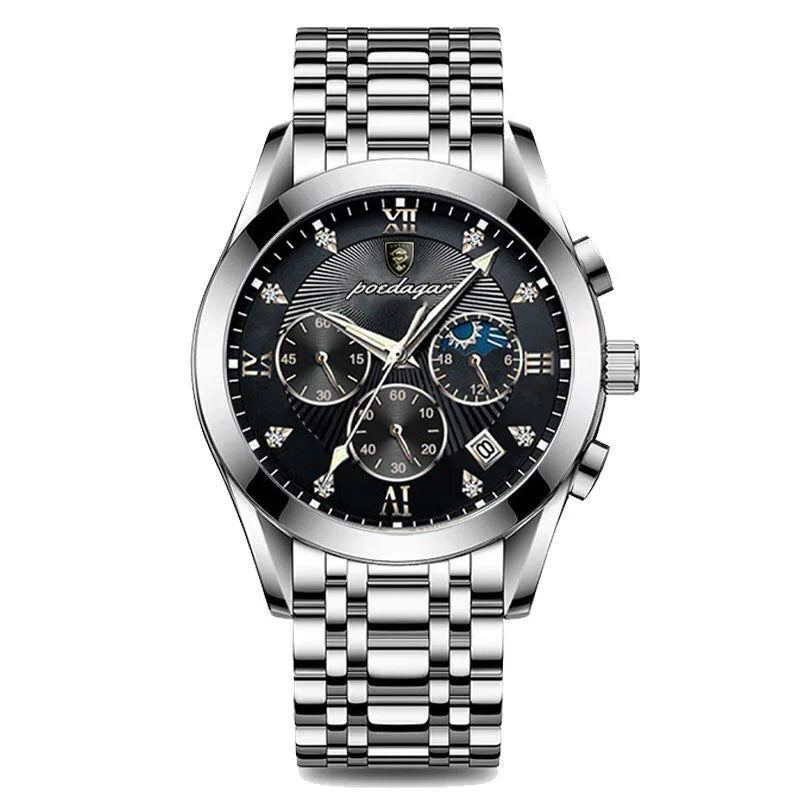 Poedagar 8208 Men's Luxury Quartz Watch – Stainless Steel Band, Waterproof, Luminous, Date