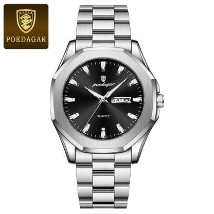 Poedagar 875 Men's Luxury Quartz Watch – Stainless Steel Band, Waterproof, Luminous, Date