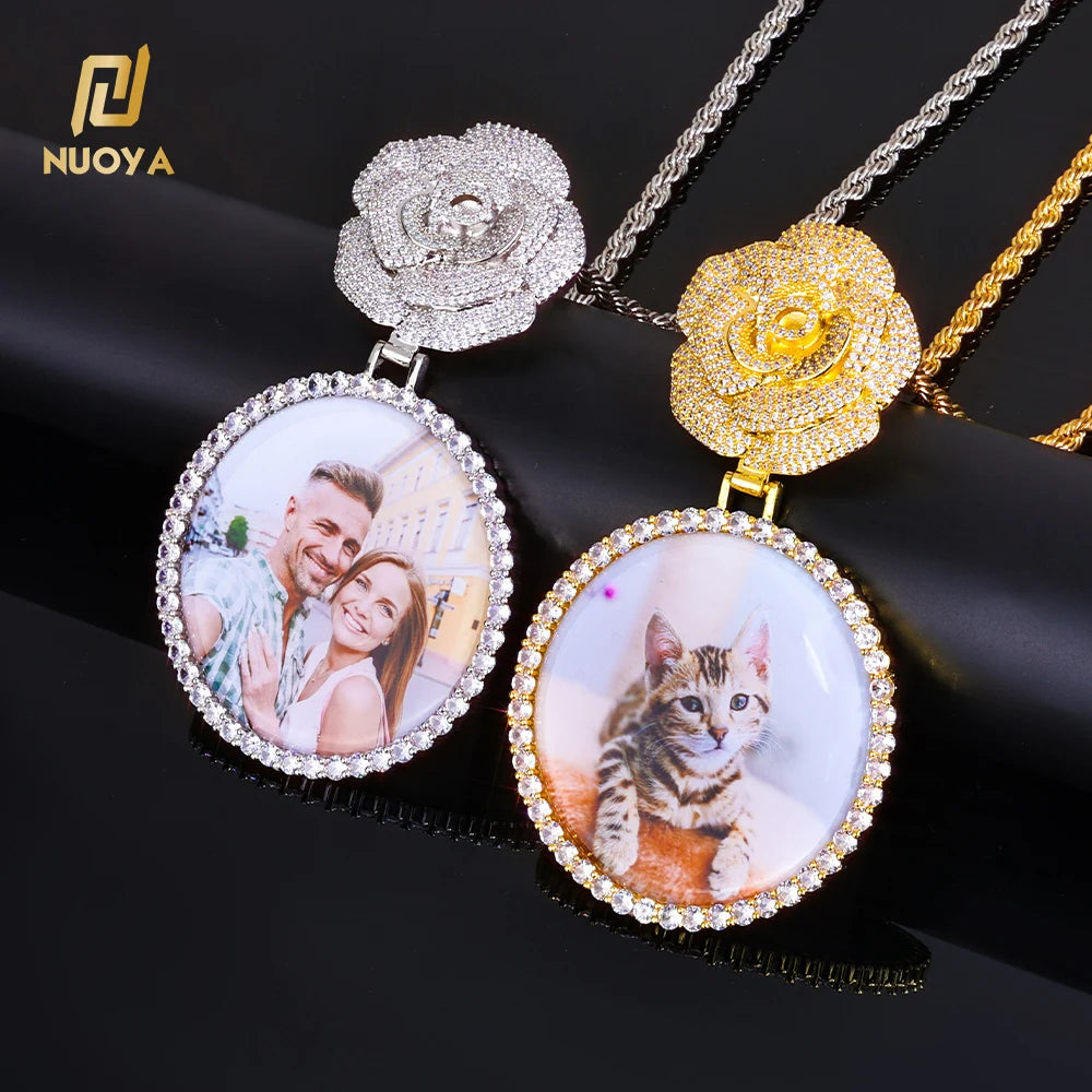 NOUYA Hip Hop Iced Out Zircon Necklace Women Micro Inlaid Zircon Circle Memory Custom Picture Flower Shaped Buckle Pendants