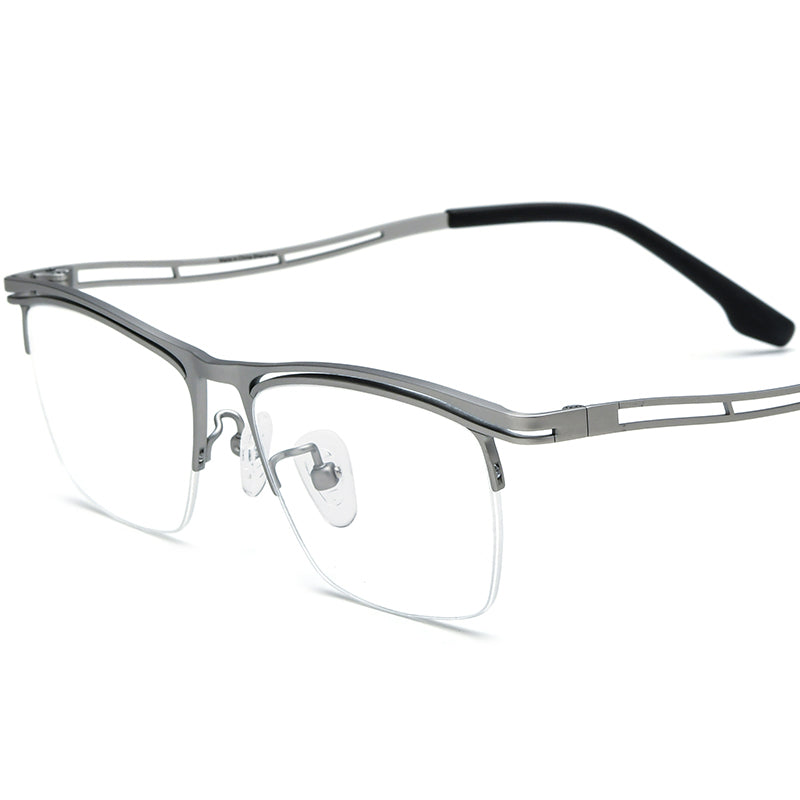 Designer Titanium Half-Rim Square Optical Glasses - Silver - MCROONS