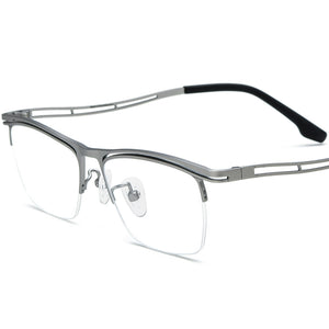 Designer Titanium Half-Rim Square Optical Glasses - Silver - MCROONS