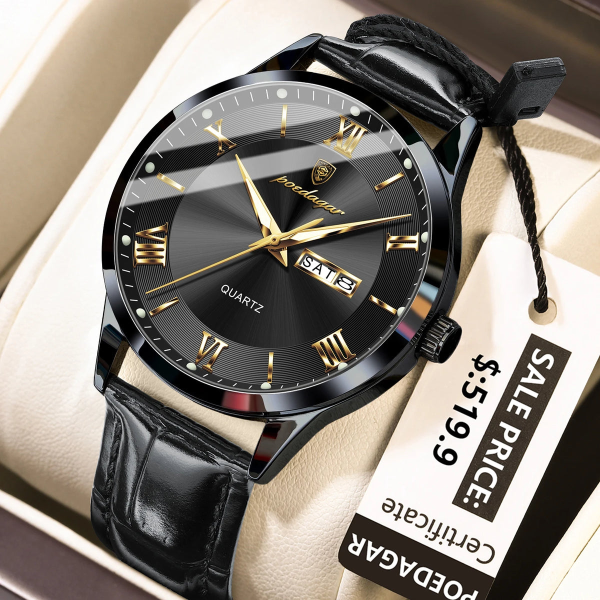 Poedagar 978 Men's Luxury Quartz Watch – Leather Strap, Waterproof, Luminous, Date