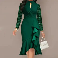 2026 Vestidos Undefined Ladies Clothes Women Casual Winter Office Business Work Flounce Lace Stitching Dark Green Mermaid Dress