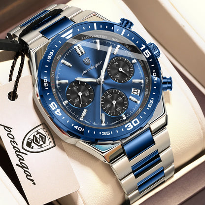 Poedagar 697 Men's Luxury Chronograph Quartz Watch – Stainless Steel Band, Waterproof, Luminous, Date