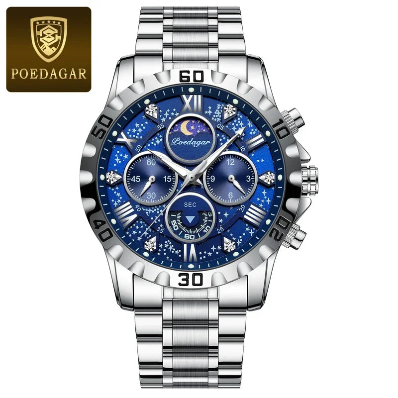 Poedagar 973 Men's Luxury Chronograph Quartz Watch – Stainless Steel Band, Waterproof, Luminous