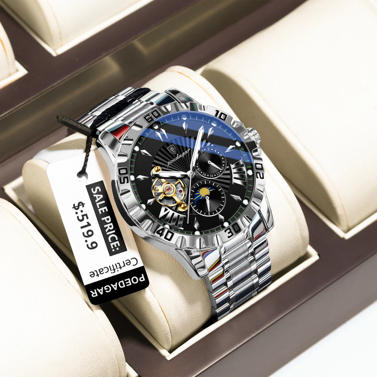 Poedagar 1415 Men's Luxury Automatic Mechanical Watch – Stainless Steel Band, Waterproof, Luminous, Date