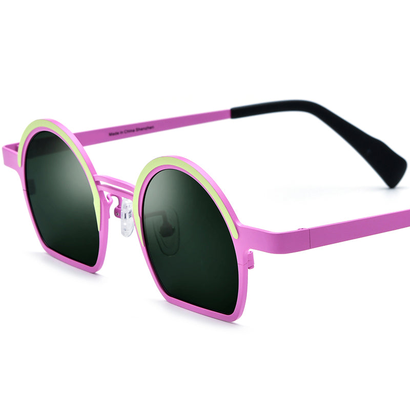 Colourful Titanium Half-Rim Round Sunglasses - Green Pink Dark Green Lens - MCROONS