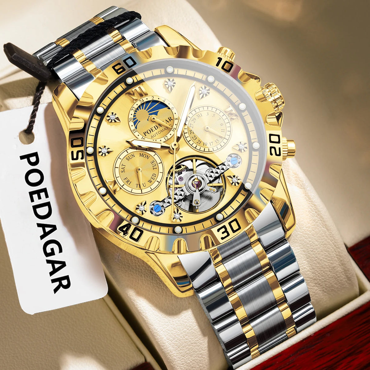 Poedagar 1423 Men's Luxury Automatic Mechanical Watch – Stainless Steel Band, Waterproof, Luminous, Date