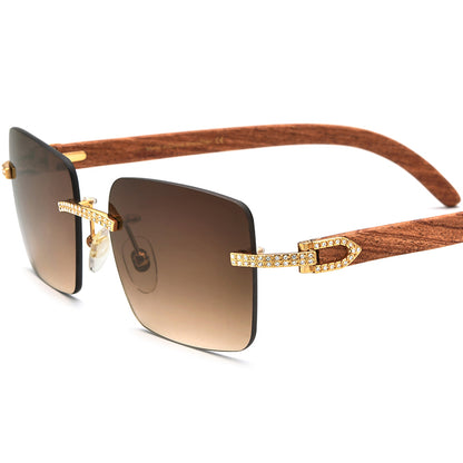 Diamante Wood Rimless Square Sunglasses - Wood - MCROONS
