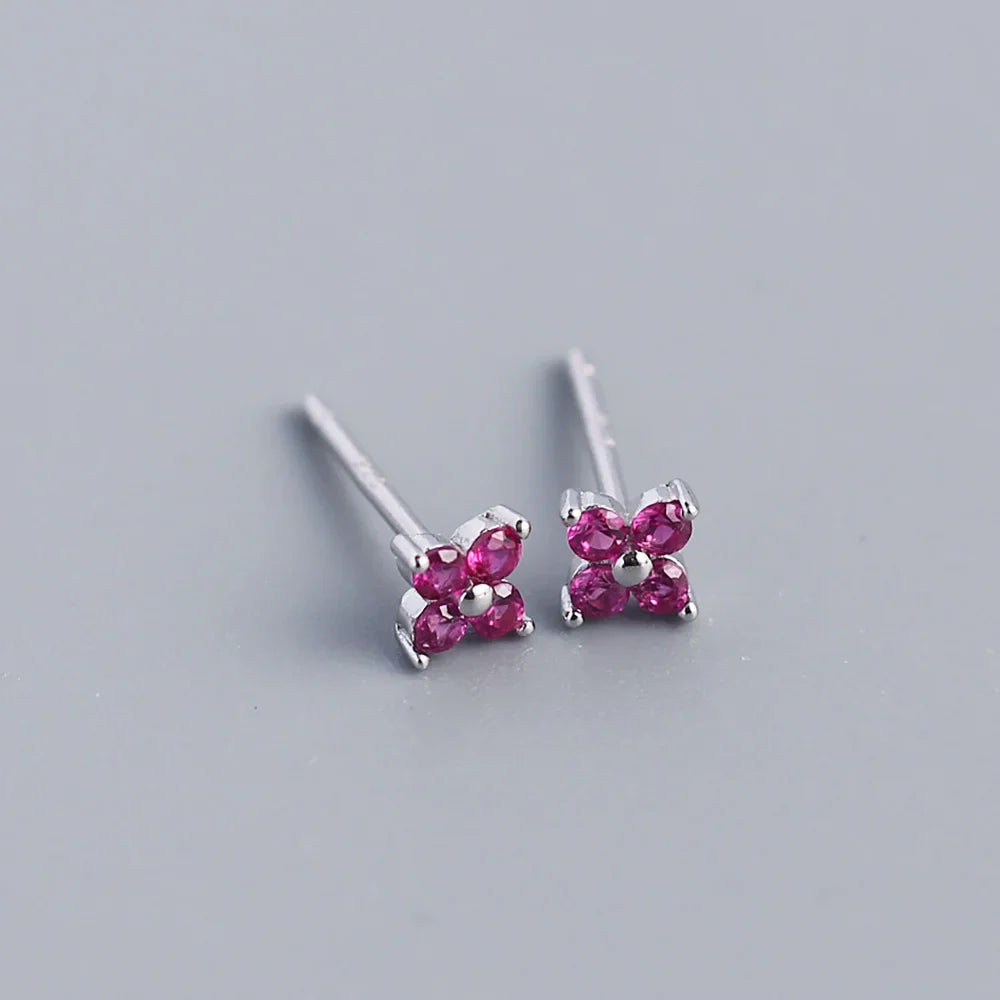 KR Simple Diamond S925 Silver INS Four Leaf Flower Earrings Sweet and Small Colorful Flower Earrings