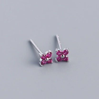 KR Simple Diamond S925 Silver INS Four Leaf Flower Earrings Sweet and Small Colorful Flower Earrings