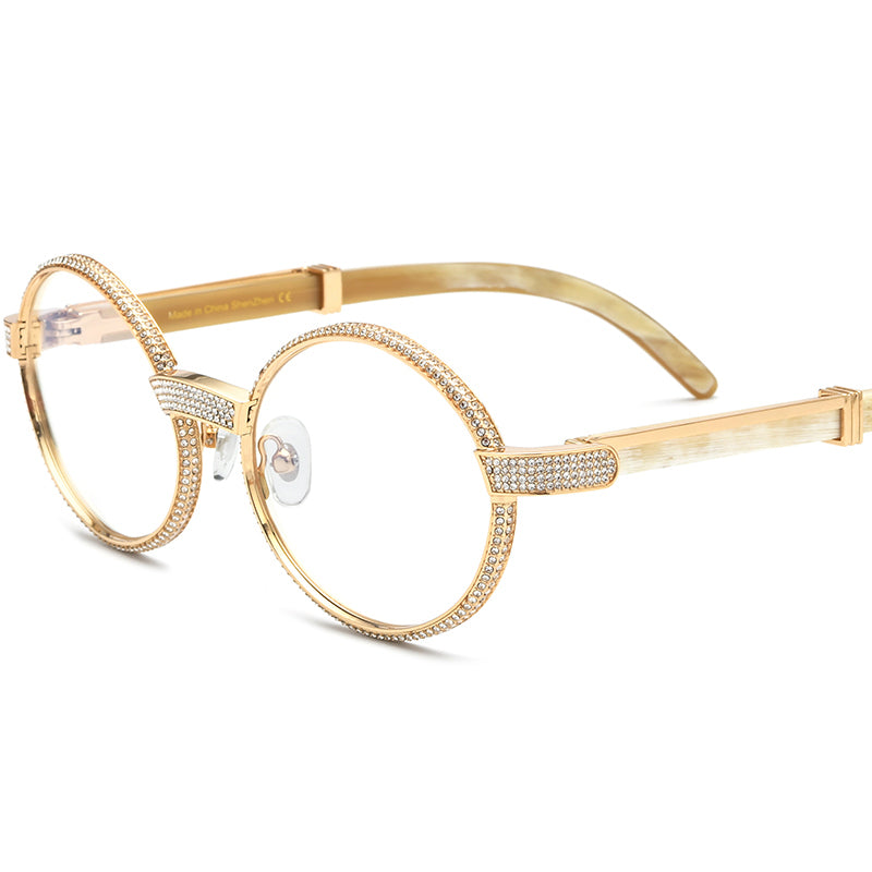 Diamond-Set Round Buffalo Horn Optical Glasses - MCROONS - White