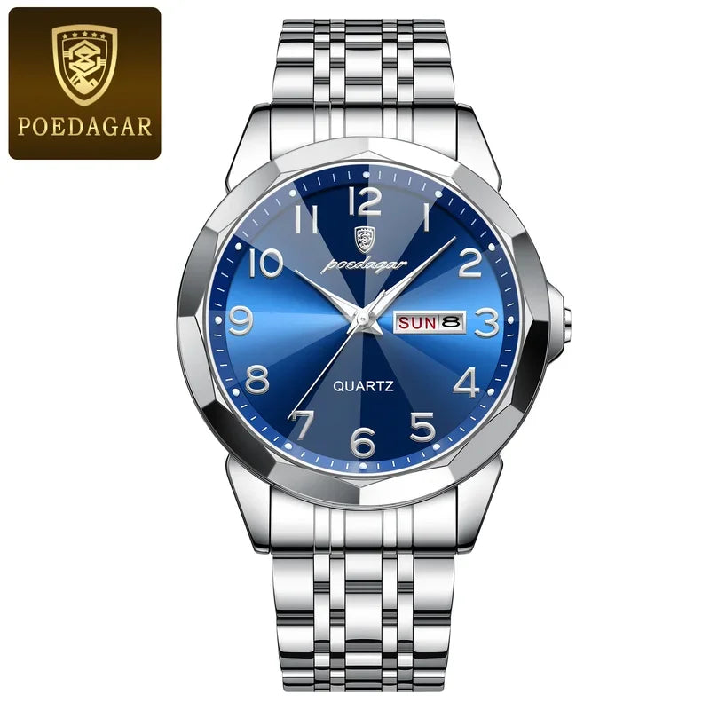 Poedagar 852 Men's Luxury Quartz Watch – Stainless Steel Band, Waterproof, Luminous, Date