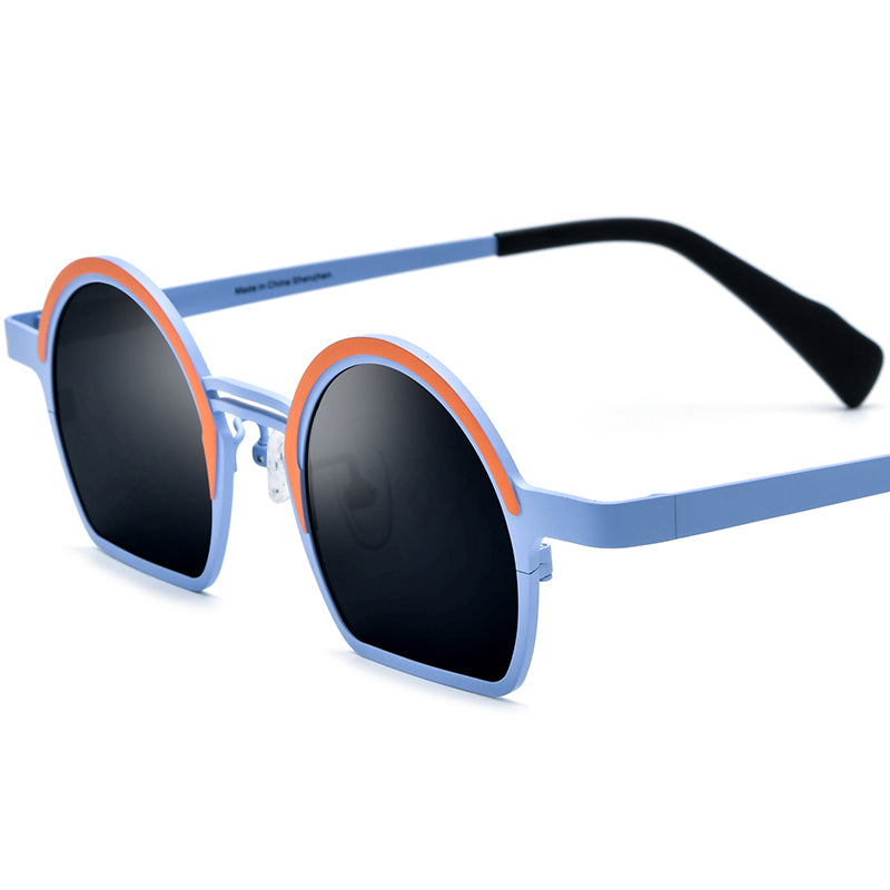 Colourful Titanium Half-Rim Round Sunglasses - Orange Blue Grey Lens - MCROONS