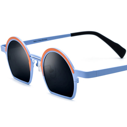 Colourful Titanium Half-Rim Round Sunglasses - Orange Blue Grey Lens - MCROONS