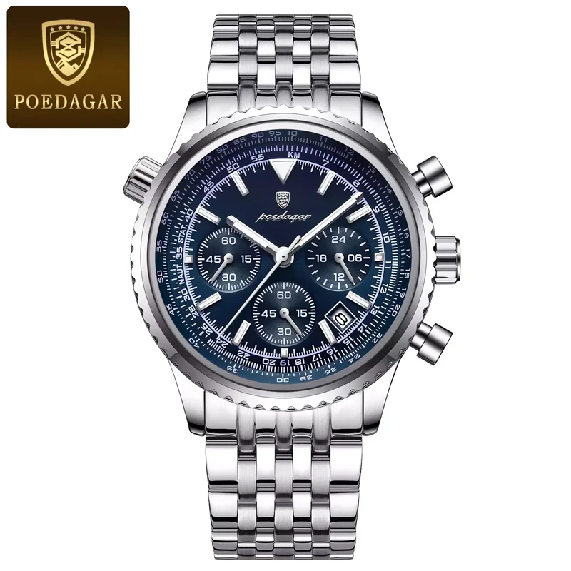 Poedagar 960 Men's Luxury Chronograph Quartz Watch – Stainless Steel Band, Waterproof, Luminous, Date