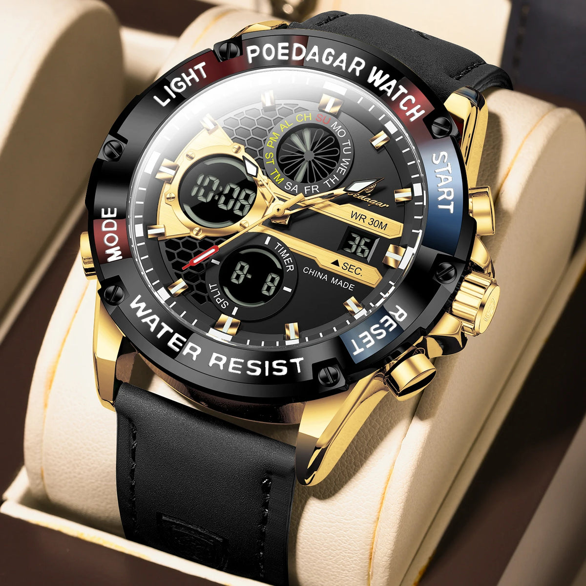 Poedagar E125 Men's Luxury Chronograph Quartz Watch – Genuine Leather Strap, Waterproof, Luminous, Date