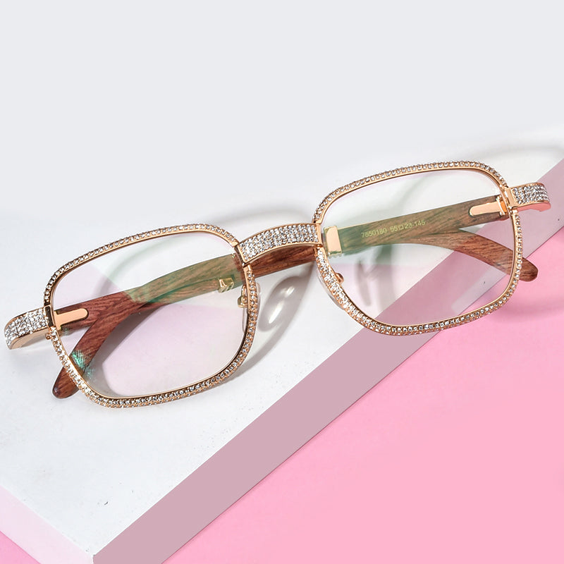 Crystal-Paved Wood Square Optical Glasses Frame - MCROONS - Angled View